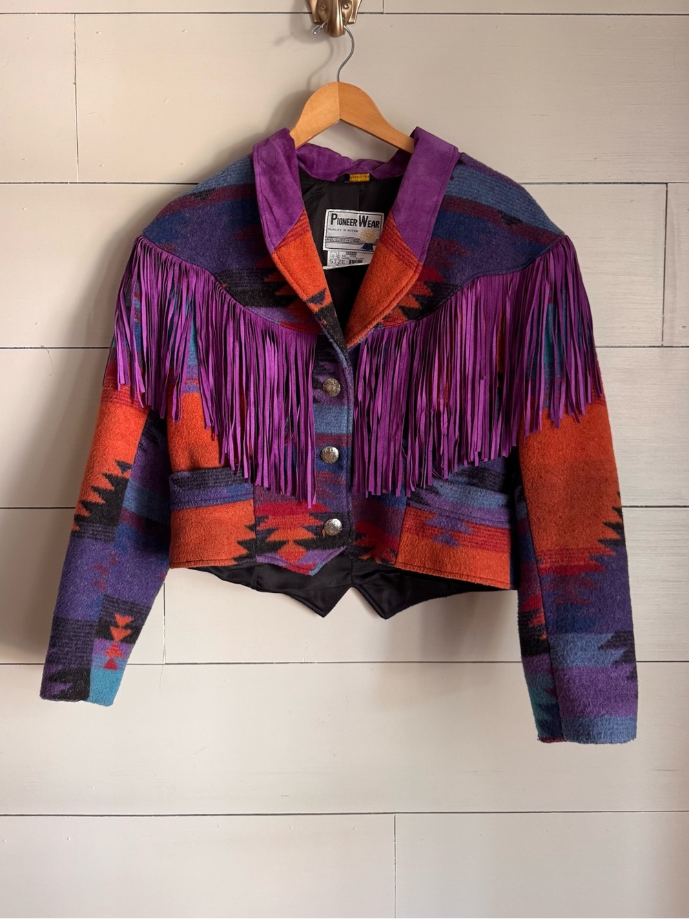 Vintage Pioneer Wear Southwestern Wool Suede Fringe Western Jacket Sz 12